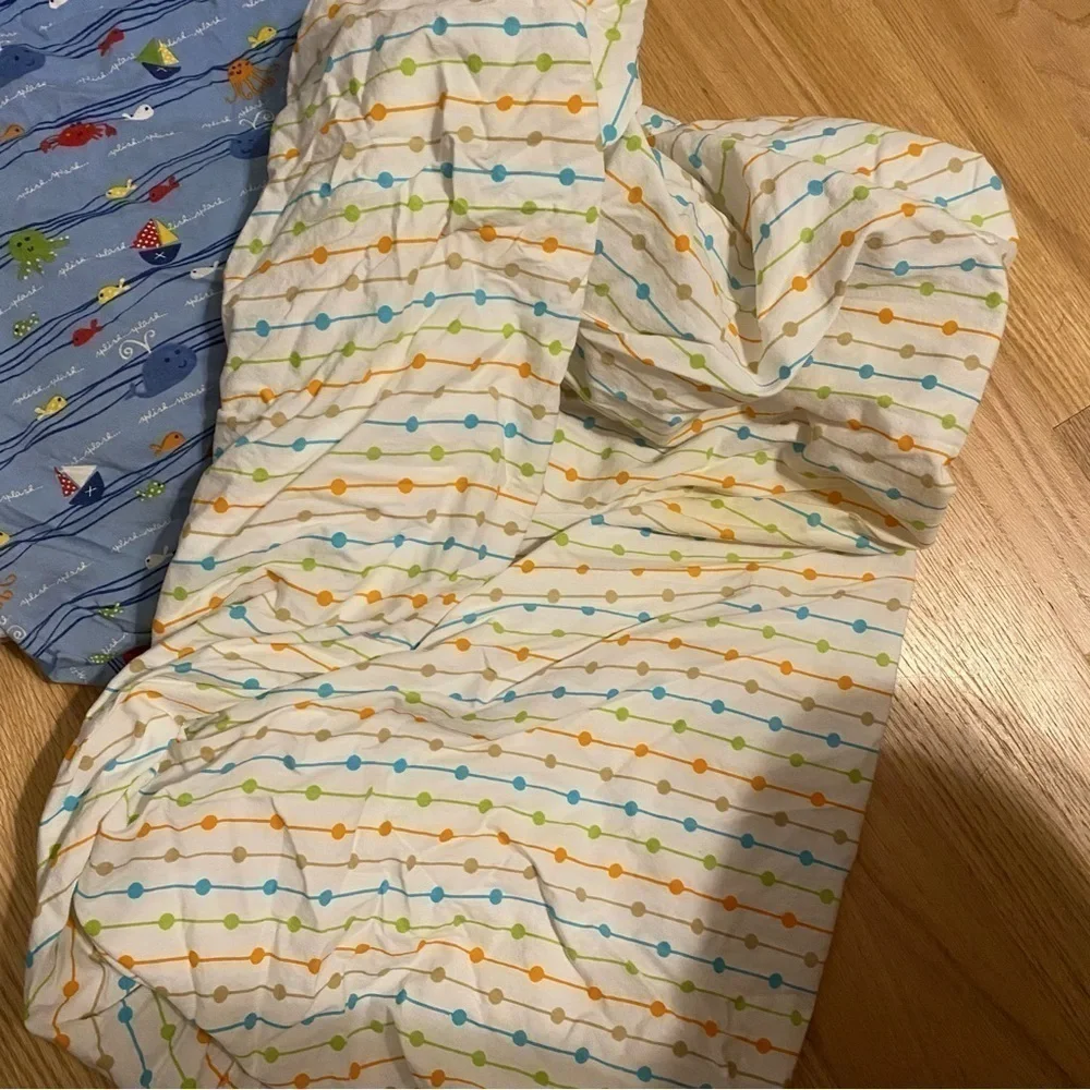 Boy Crib Sheet & Plush Changing Table Cover Bundle Lot Set Blue Fish Sailboat